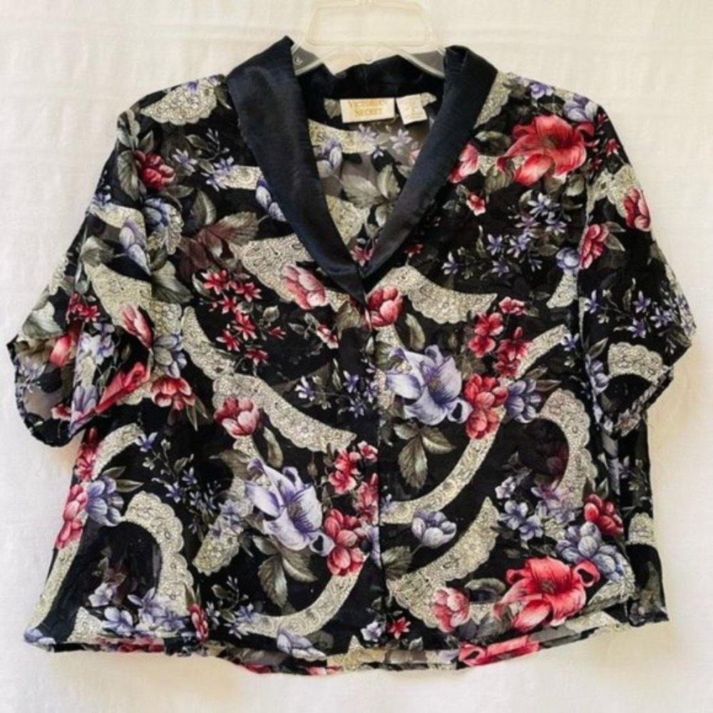 Victoria Secret Gold Label Floral Blouse Womens Small Oversized Sheer Satin Crop